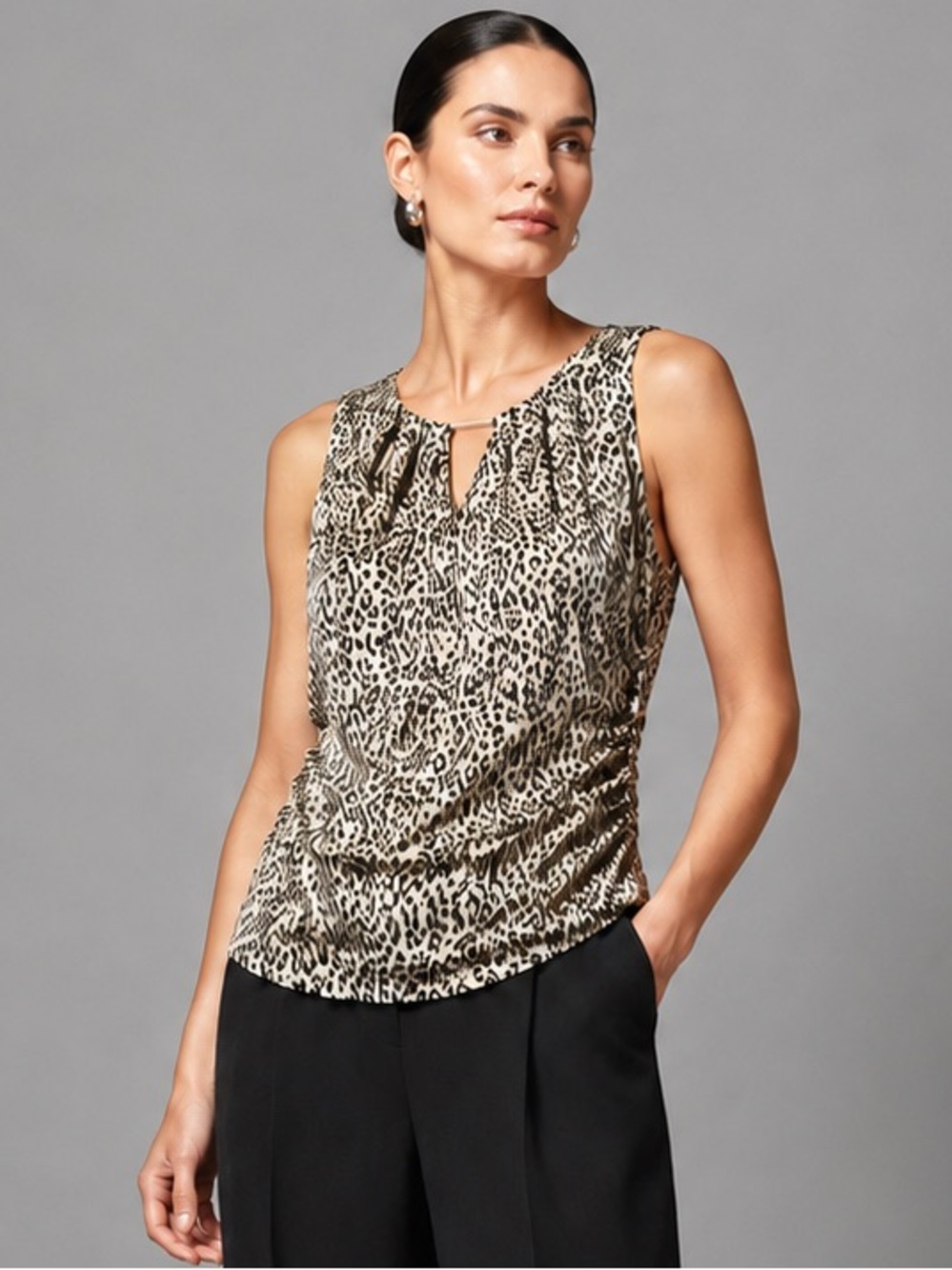 White House Black Market Tank Polyester Leopard Ruched Medium Sleeveless Top